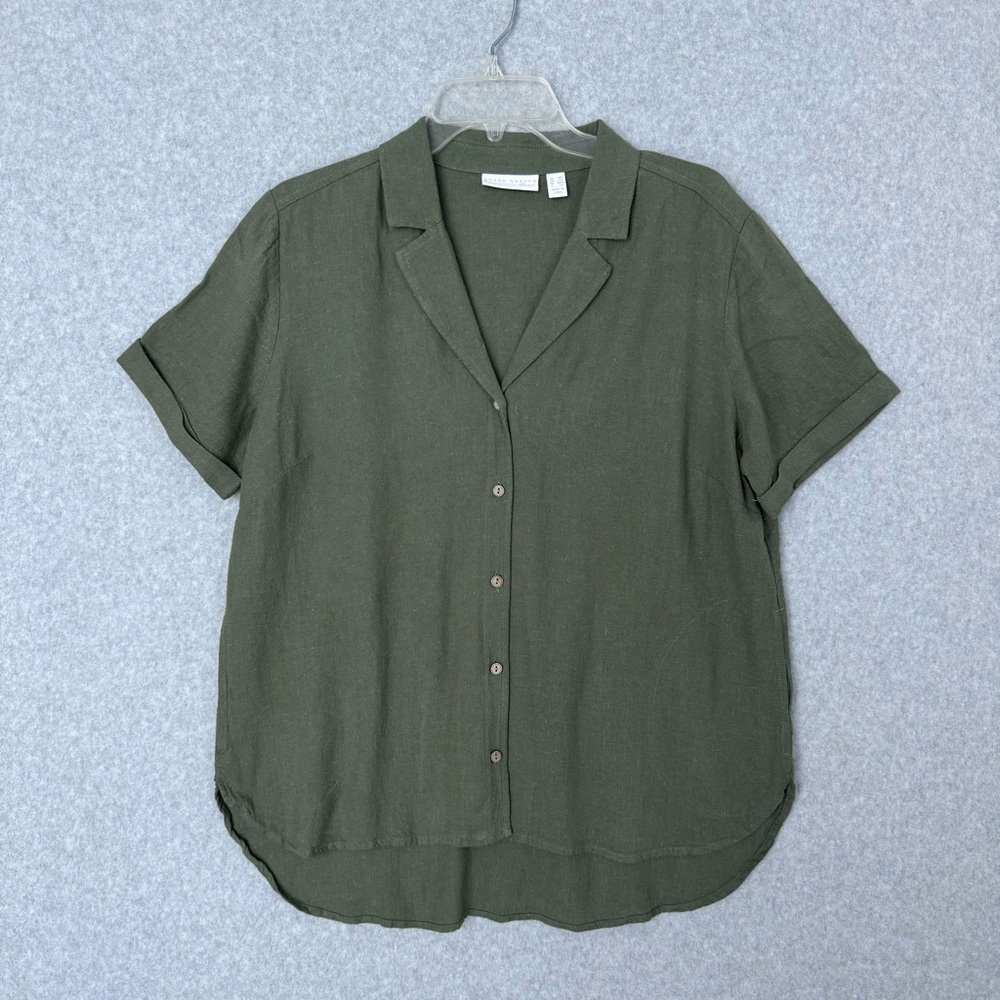 Susan Graver Pure Linen Blend Regular Button Front Shirt Green Large Petite